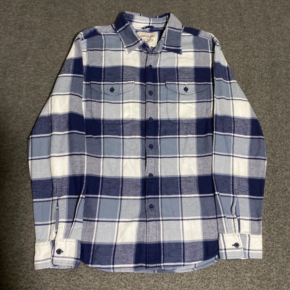 American Eagle Mens Flannel Shirt Medium Blue White Plaid Long Sleeve 1816-29219